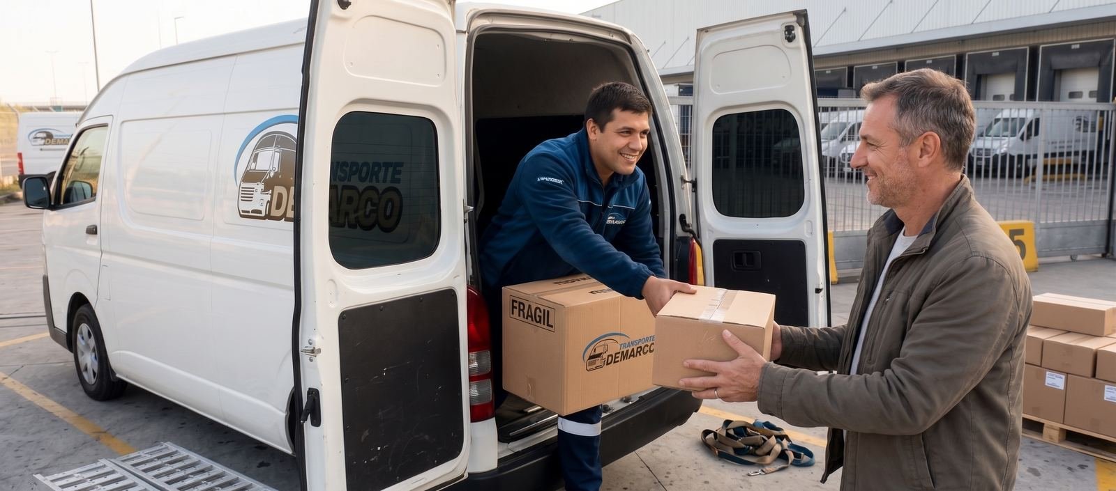 Chofer de Demarco Transporte entregando un paquete desde la camioneta